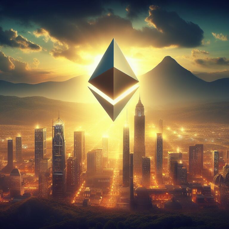 The Ethereum icon rising about the city